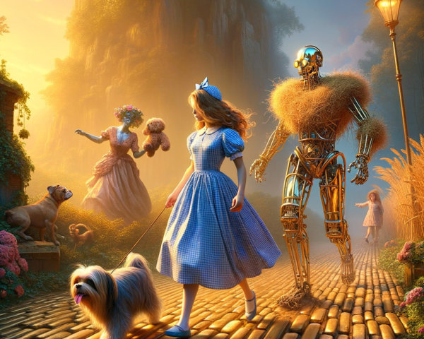 Whimsical Scene of Girl, Dog, and Robot on Path