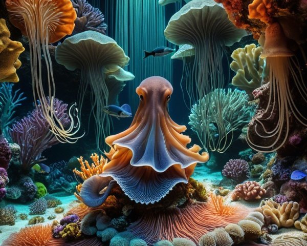 Vibrant Underwater Scene with Coral Reefs and Jellyfish
