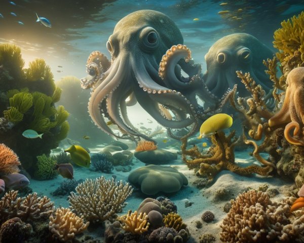 Majestic Octopuses in a Vibrant Coral Reef Scene