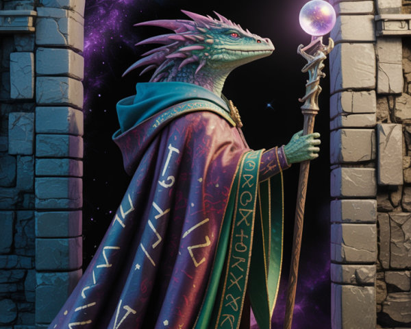 Mystical Reptilian Creature at Stone Archway Entrance