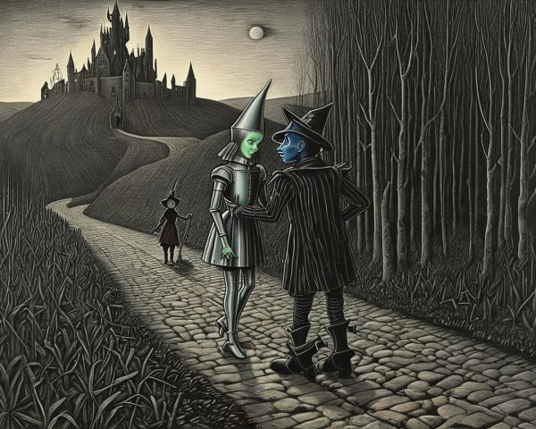 Silver Robot and Blue Figure in Dark Enchanting Scene