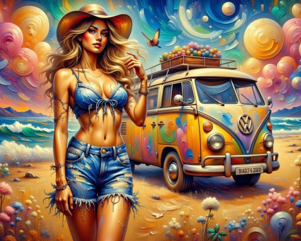 Colorful Beach Scene with Stylish Woman and Van