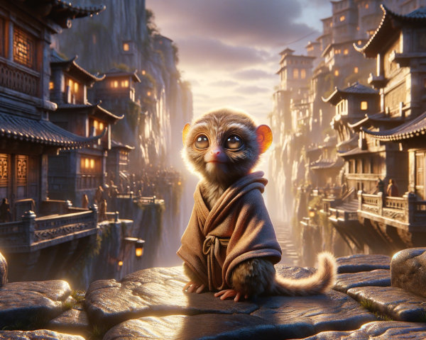 Mystical City Scene with Robed Monkey and Lanterns