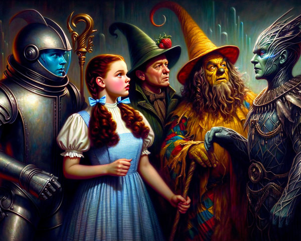 Young girl in enchanted landscape with magical figures