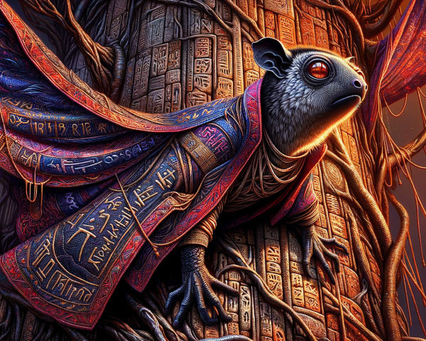 Hybrid Creature on an Ancient Carved Tree