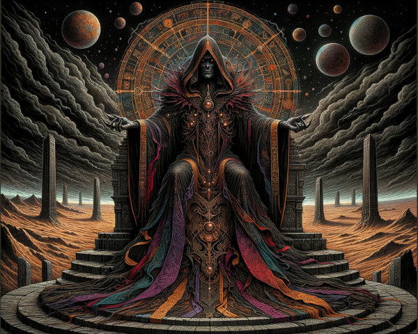 Mysterious Figure on Throne in Cosmic Setting