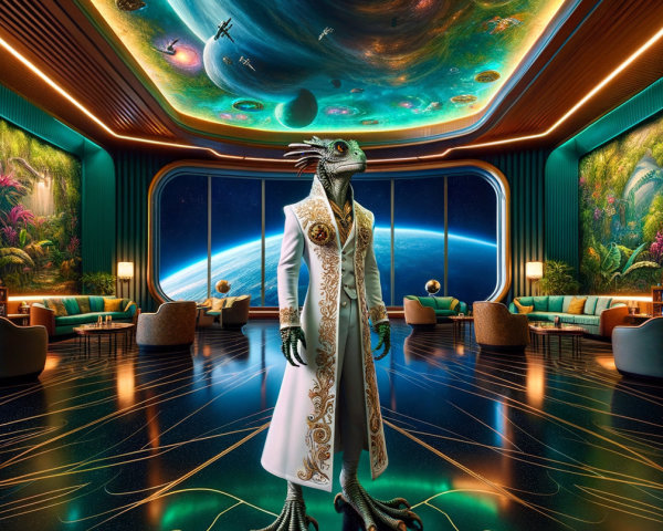 Humanoid Lizard in Ornate Robe in Futuristic Lounge