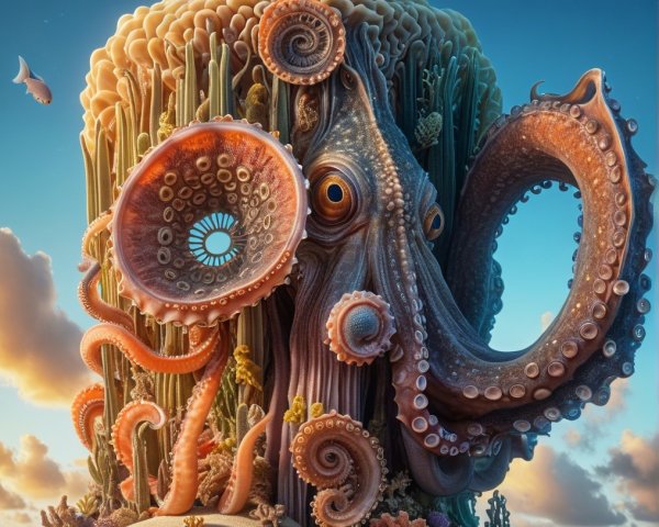 Vibrant Underwater Scene with Colorful Octopus and Coral