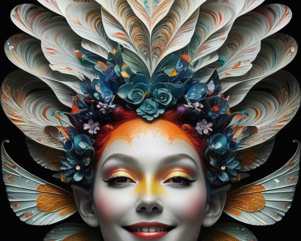 Stylized Portrait of Woman with Floral and Feather Patterns