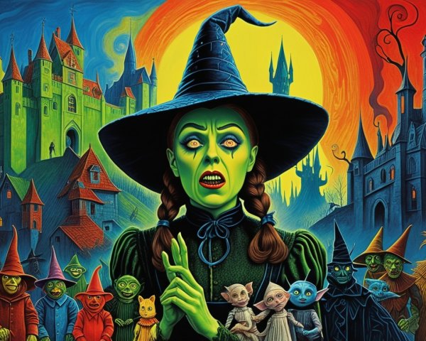 Vibrant Scene of a Green-Skinned Witch and Goblins