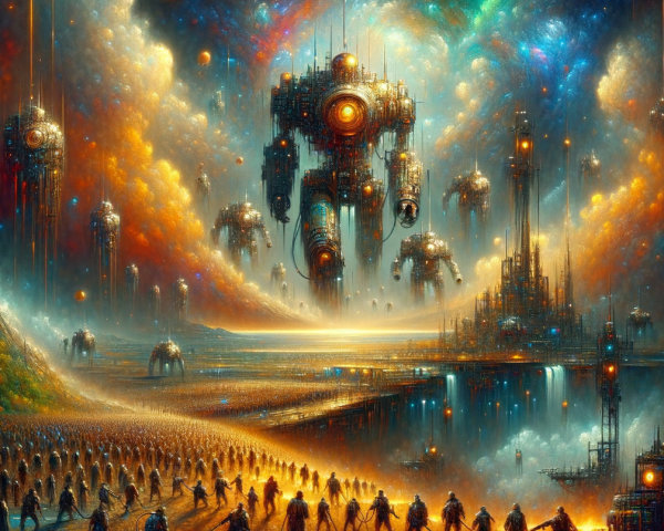 Surreal Landscape with Robotic Figures and Cosmic Sky