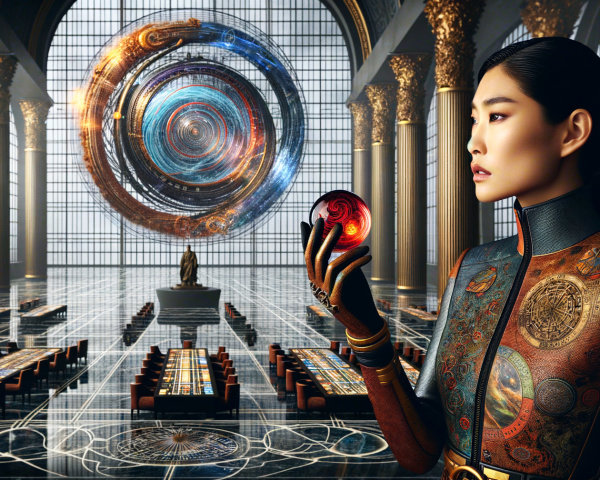 Woman with Colorful Orb in Ornate Cosmic Hall