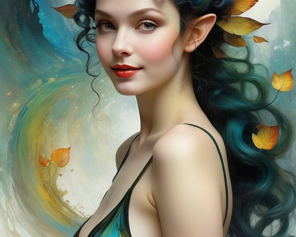 Ethereal Young Woman with Teal Hair and Autumn Leaves