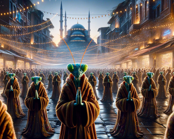 Insect-like Beings in Vibrant Marketplace at Dusk