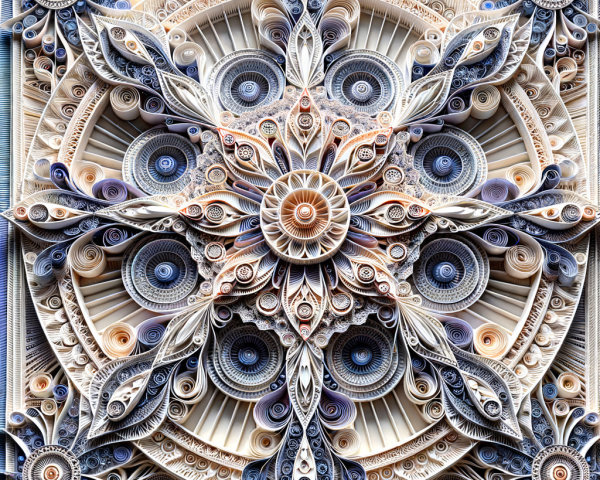 Detailed Symmetrical Quilling Art in Blue, White, and Brown