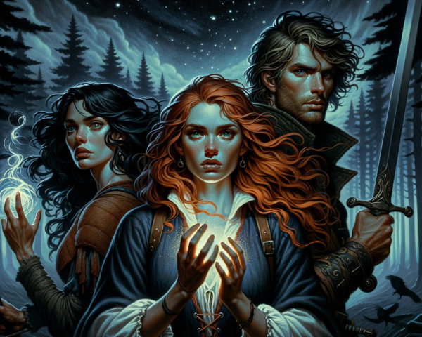 Three Figures in a Mystical Forest Under Starlit Sky