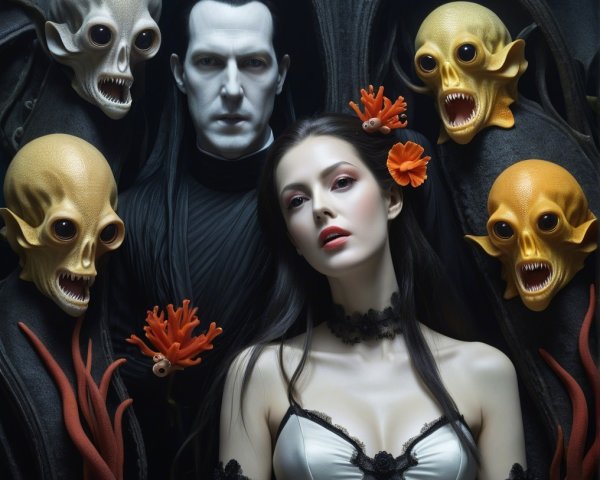 Surreal Scene with Pale Woman and Grotesque Skulls