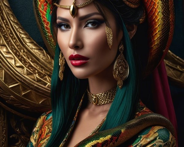 Emerald Hair Woman in Intricate Gold Outfit and Jewelry