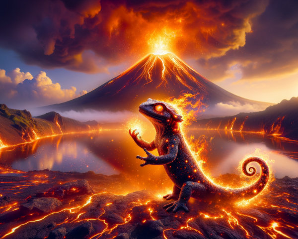 Fiery Lizard Creature Amidst Erupting Volcano Scene