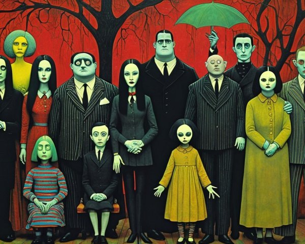 Quirky Family Portrait with Gothic Elements and Umbrella