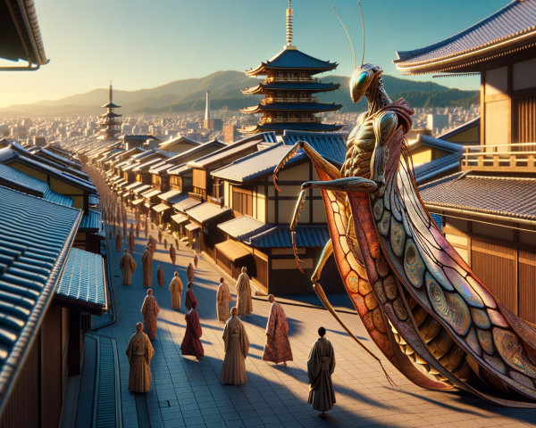 Giant Insect Creature in Traditional Japanese Town