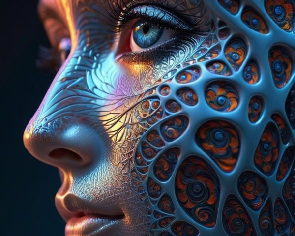 Futuristic Human Face with Organic Patterns and Colors
