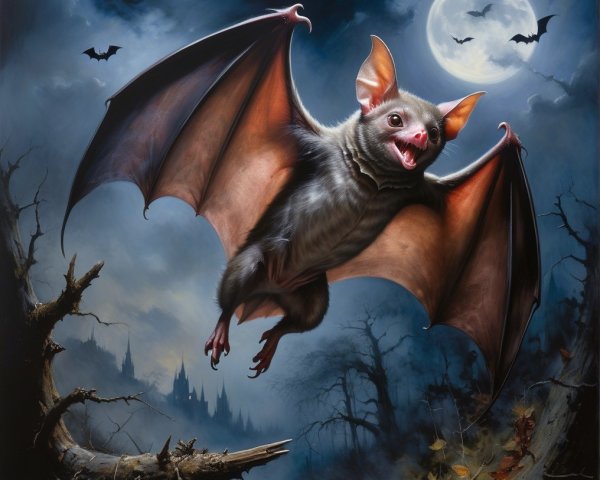 Joyful Bat Soaring in Moonlit Haunted Forest