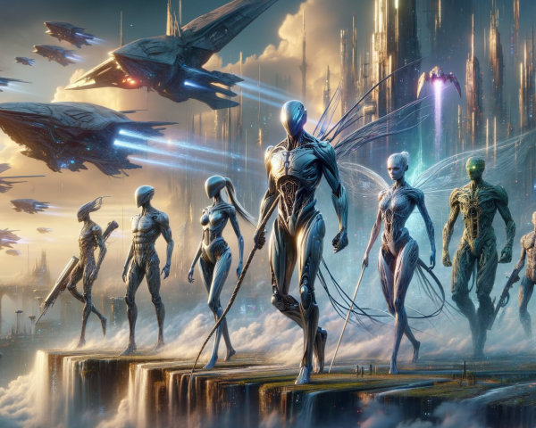 Futuristic scene with humanoid figures and spacecraft