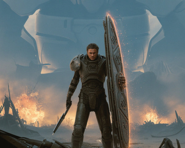 Futuristic Warrior on Desolate Battlefield with Robot
