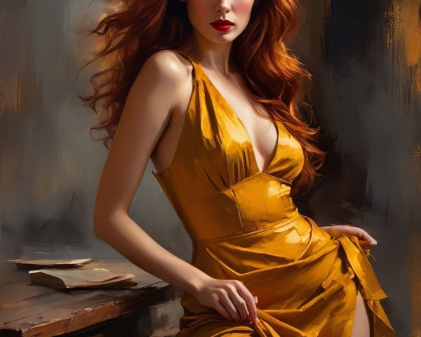 Elegant Woman in Gold Dress with Red Hair