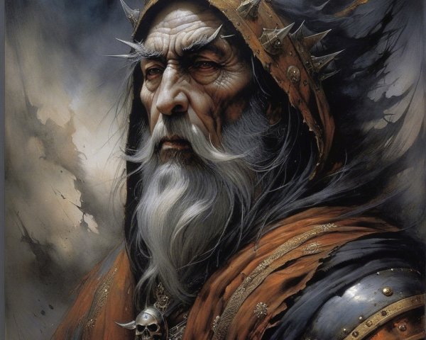 Elderly Warrior-King with Crown and Dramatic Cloak