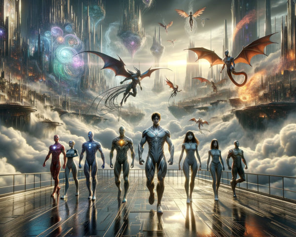 Futuristic Armored Heroes Overlooking Ethereal Cityscape