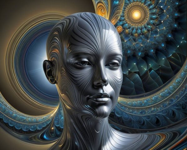 Surreal Humanoid Figure with Metallic Patterns and Light