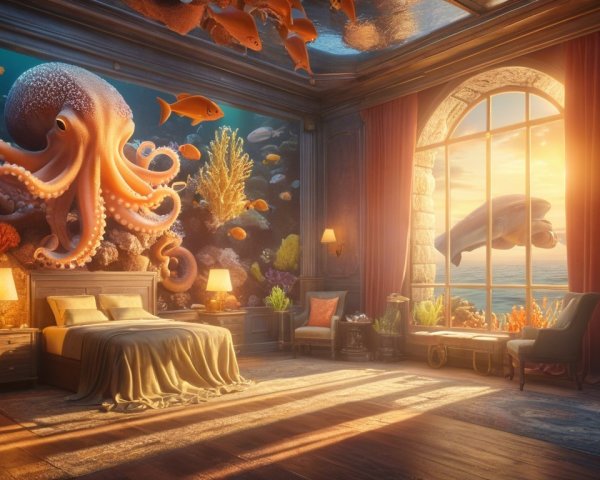 Elegant Bedroom with Ocean Mural and Sunset Light