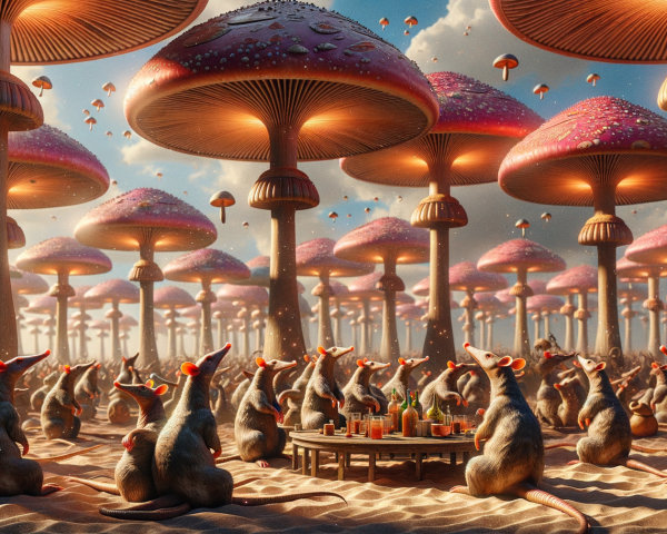 Whimsical Landscape of Colorful Mushrooms and Mice