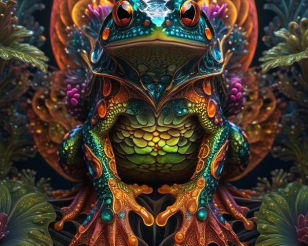 Vivid Frog Surrounded by Colorful Patterns and Foliage
