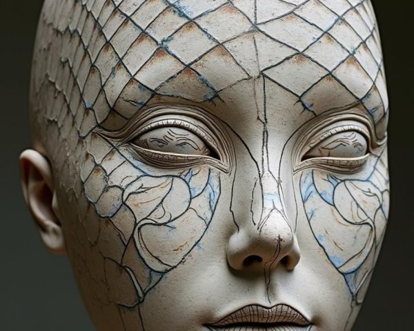 Stylized Sculpture of a Human Face with Patterns