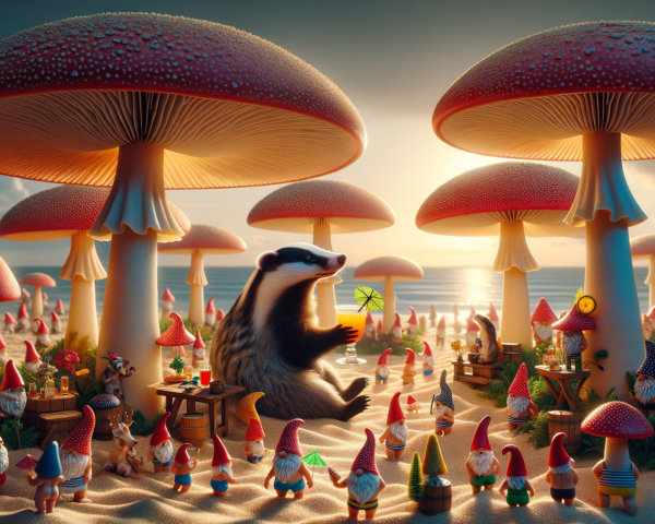 Whimsical Landscape with Badger and Gnomes Amid Mushrooms