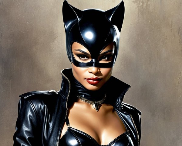 Character in Black Costume with Cat Ears and Mask