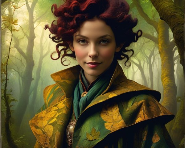 Young woman in ornate cloak in misty forest setting