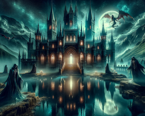 Enchanted castle with ethereal figures and dragons