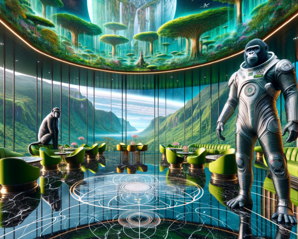 Futuristic Lounge with Gorillas and Vibrant Mountains