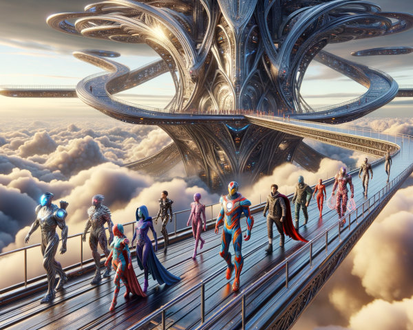 Futuristic heroes on a sleek pathway among clouds