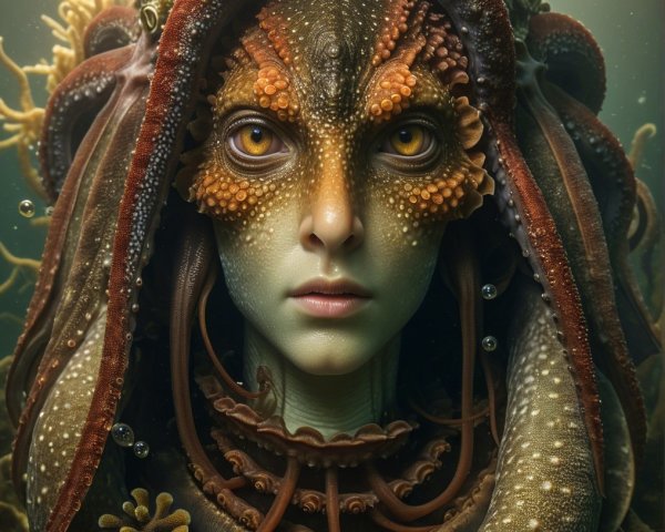 Mythical creature with tentacle features in underwater setting