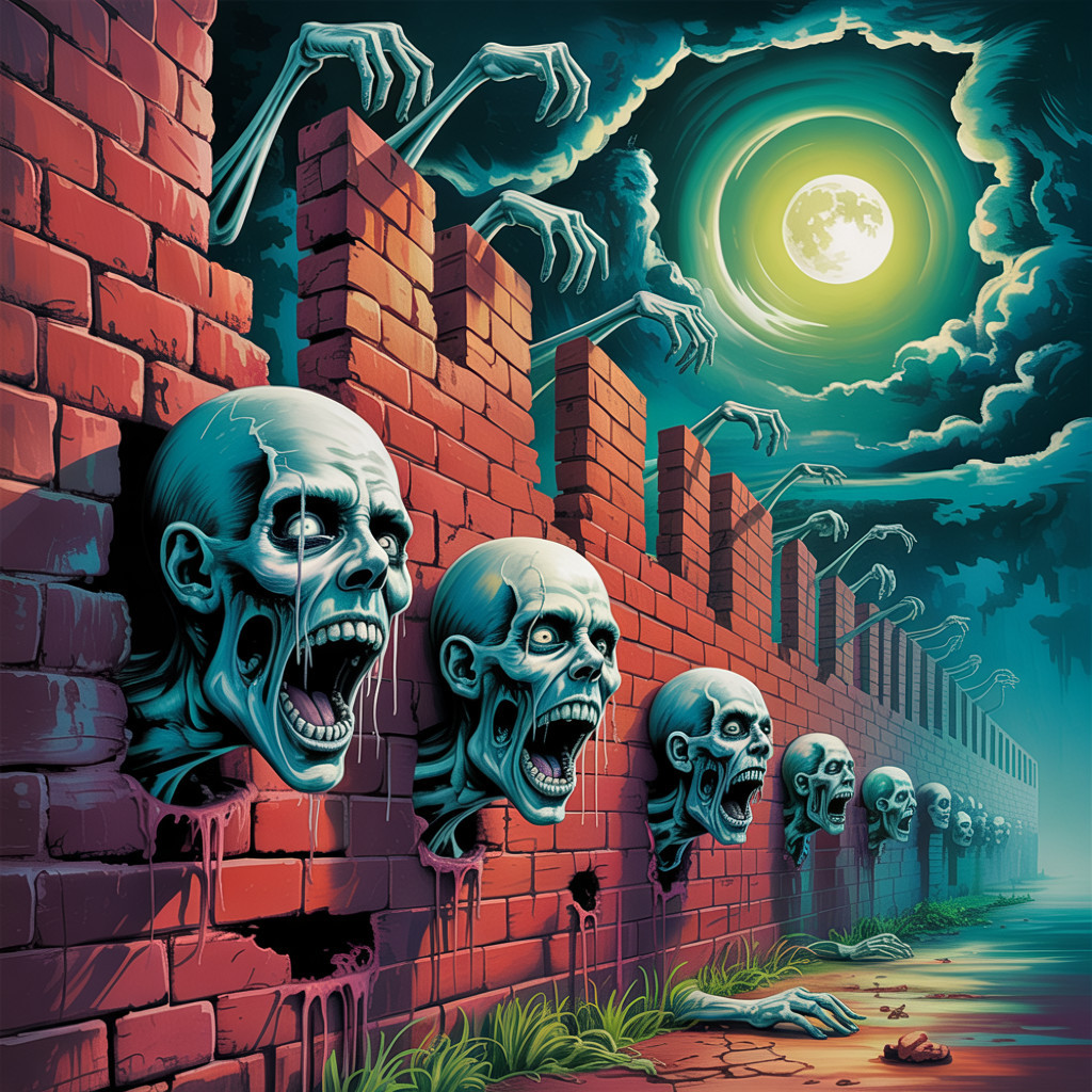 Eerie Scene of Skull Wall with Ghostly Hands