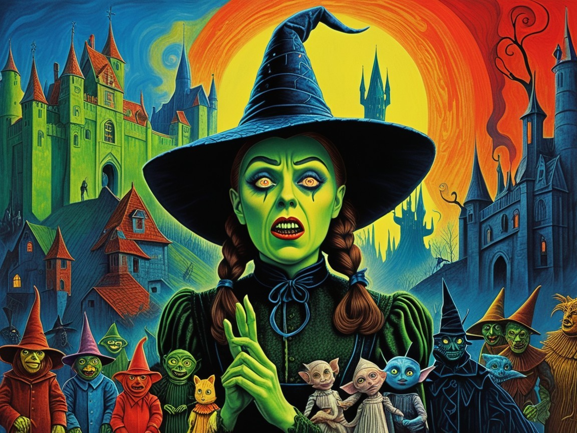 Vibrant Scene of a Green-Skinned Witch and Goblins