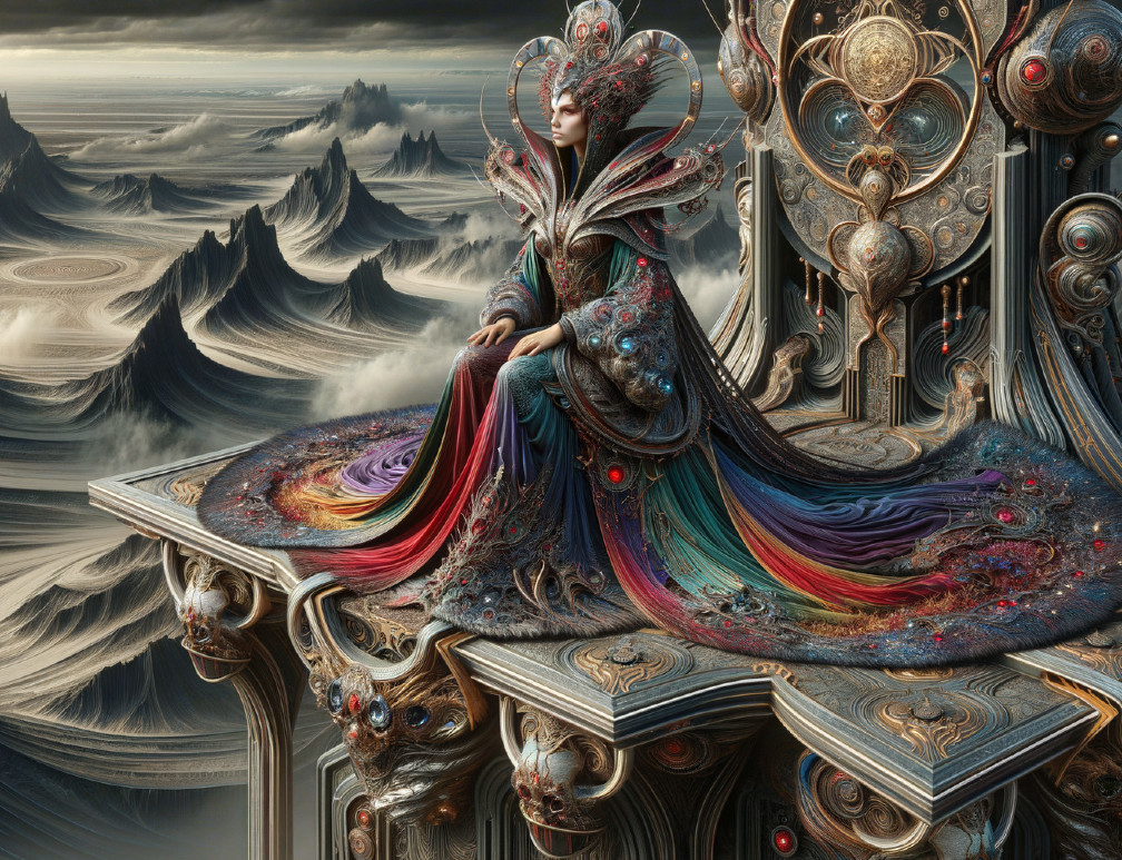 Regal Figure on Ornate Throne in Surreal Landscape