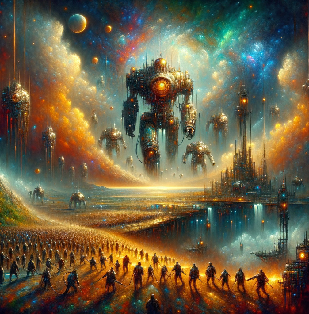 Surreal Landscape with Robotic Figures and Cosmic Sky