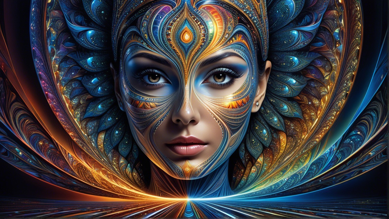 Vibrant Patterns on Woman's Face in Cosmic Setting