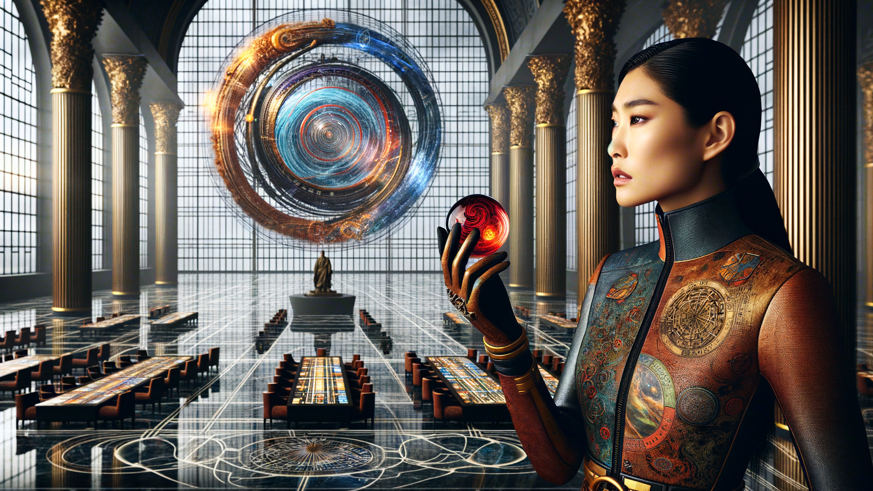 Woman with Colorful Orb in Ornate Cosmic Hall